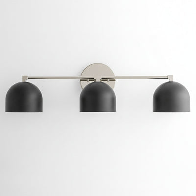 Mid-century modern 3-bulb vanity light with matte black dome shades and brushed nickel bar mount. - VANITY LIGHT MODEL NO. 7565