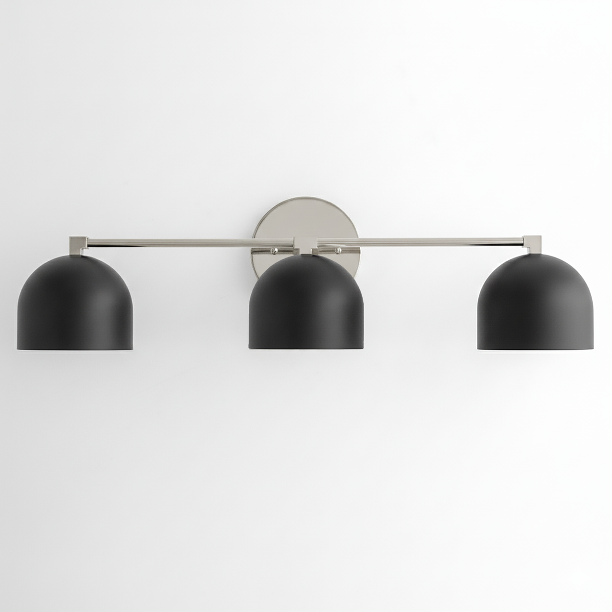 Mid-century modern 3-bulb vanity light with matte black dome shades and brushed nickel fixture. - VANITY LIGHT MODEL NO. 7565