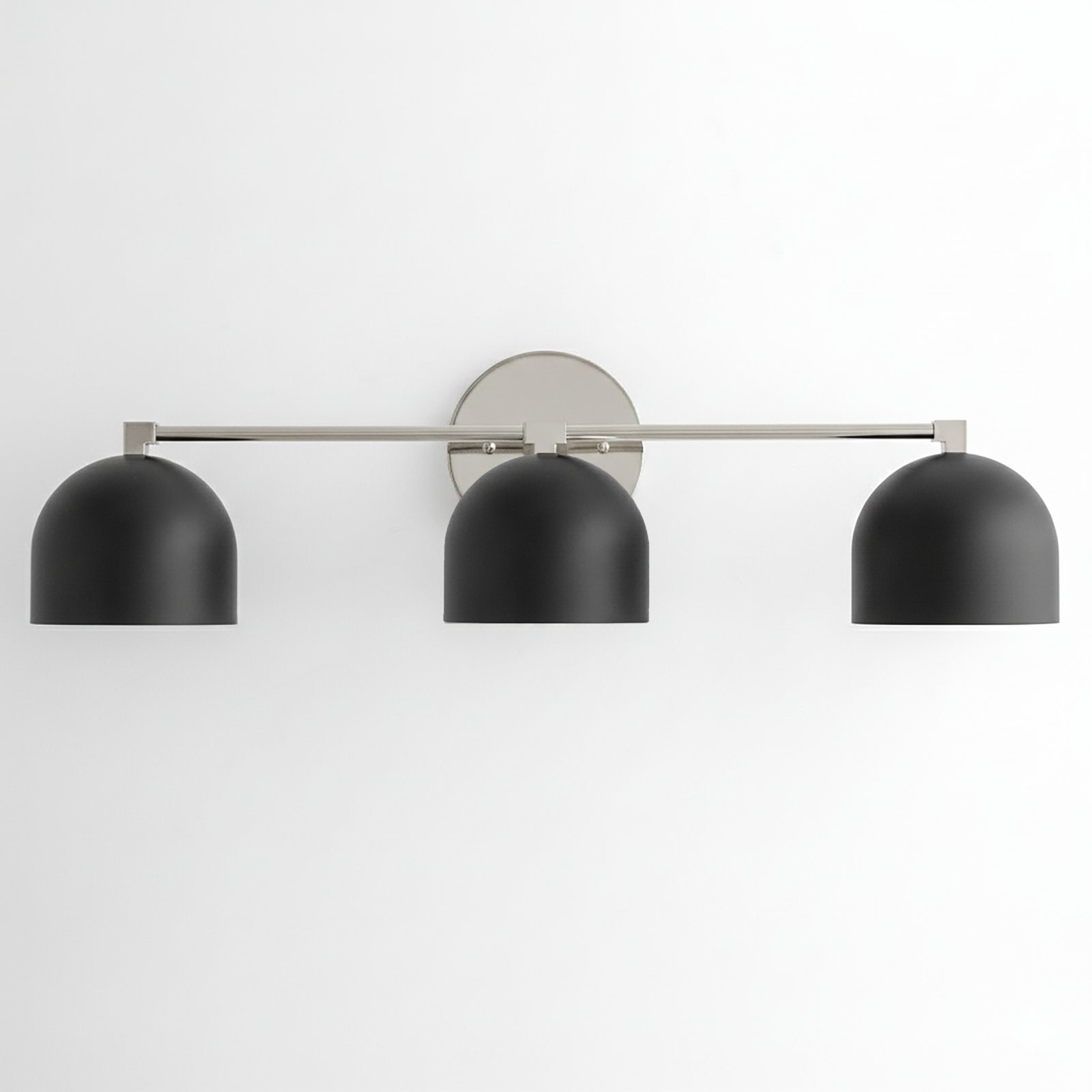 Mid-century modern 3-bulb vanity light with matte black dome shades and brushed nickel fixture. - VANITY LIGHT MODEL NO. 7565