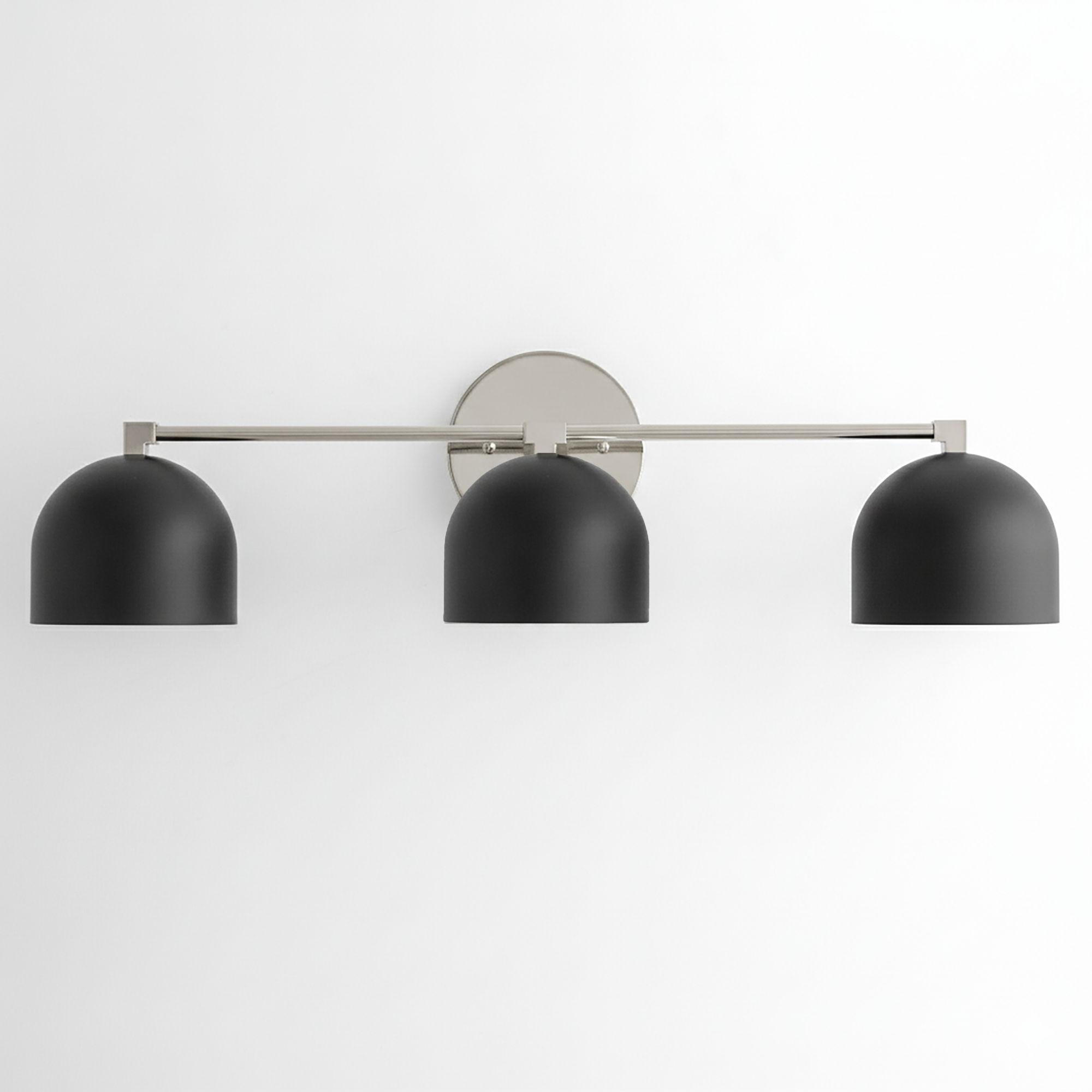 Mid-century modern 3-bulb vanity light with matte black dome shades and brushed nickel fixture. - VANITY LIGHT MODEL NO. 7565