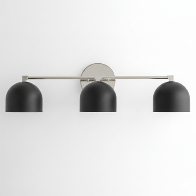 Mid-century modern 3-bulb vanity light with matte black dome shades and brushed nickel fixture. - VANITY LIGHT MODEL NO. 7565