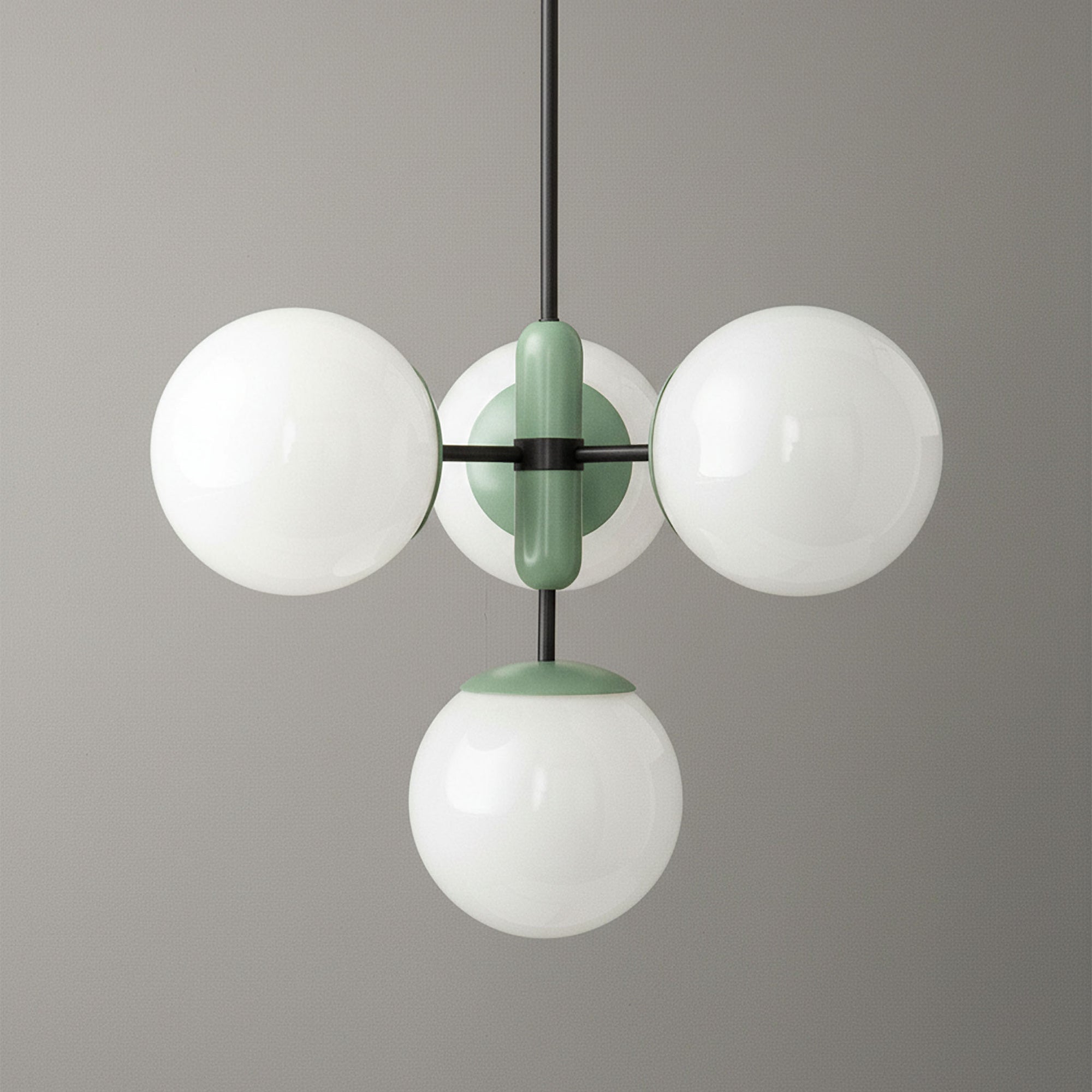 Scandinavian Art Deco chandelier with three white glass globes and matte green metal accents. - CHANDELIER MODEL NO. 4321