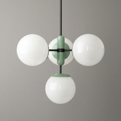Scandinavian Art Deco chandelier with three white glass globes and matte green metal accents. - CHANDELIER MODEL NO. 4321