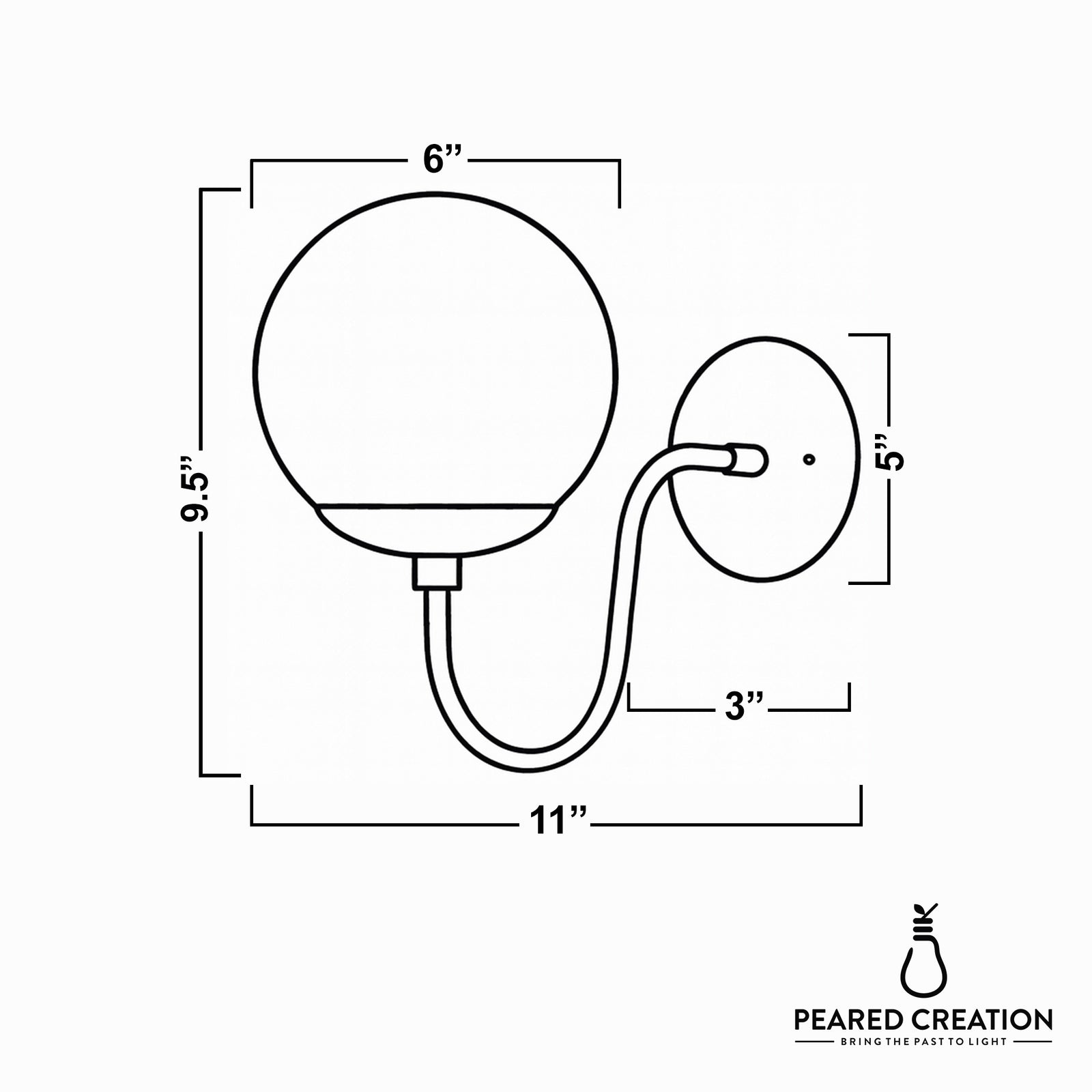 Modern wall sconce with round 6-inch globe and curved arm mounted on a 5-inch round base. - SCONCE MODEL NO. 3849
