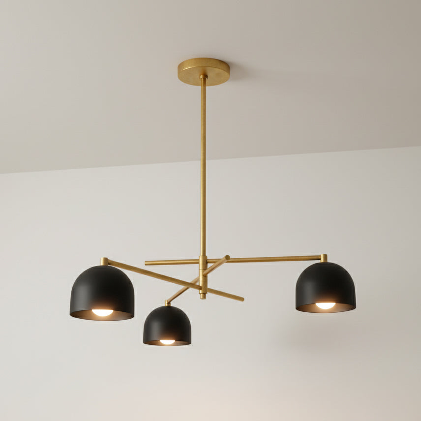 Three black dome pendant lights hang from a branching brass chandelier with a long central stem. - SCONCE MODEL NO. 9965