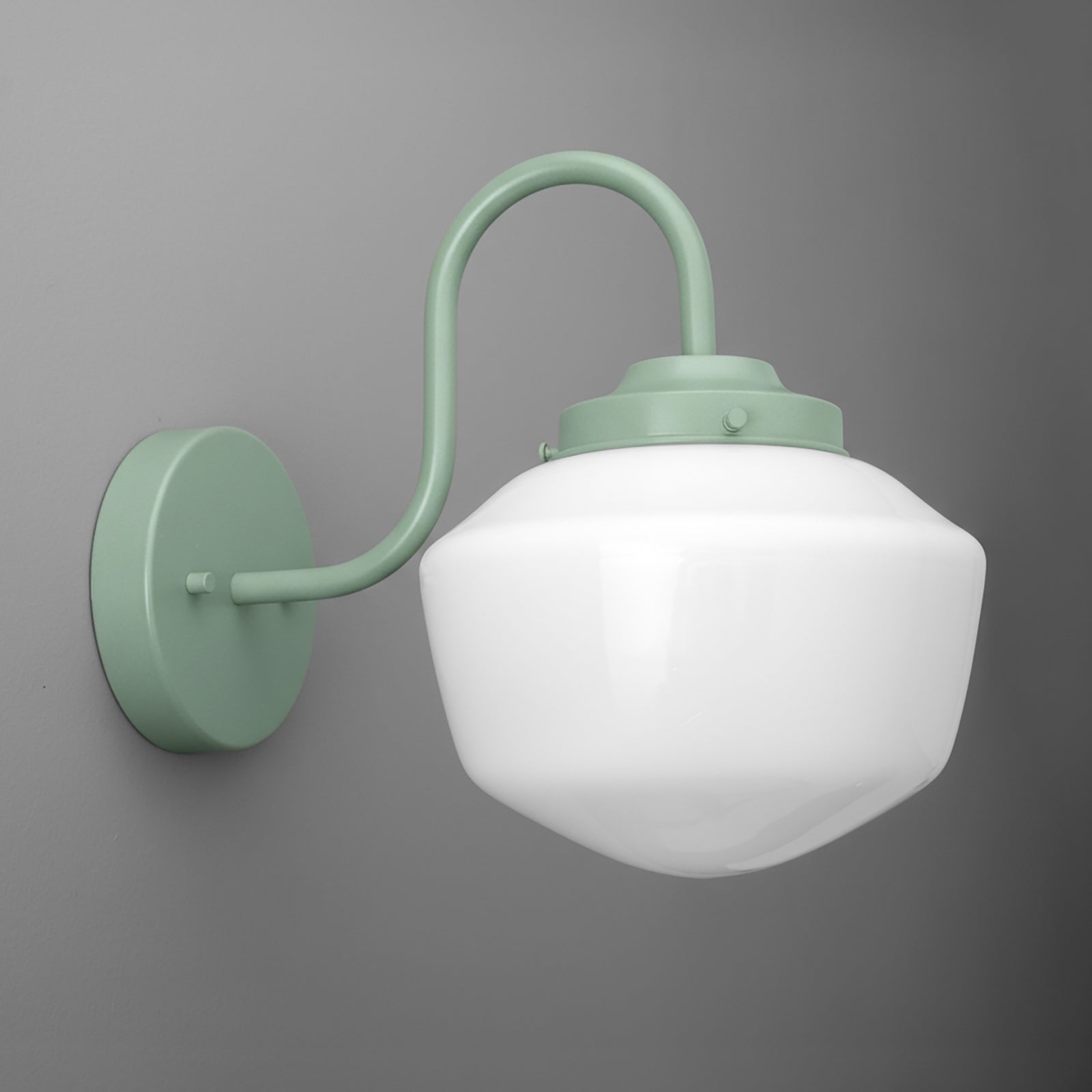 Gooseneck sconce powder coated in Green with an opal glass schoolhouse shade on a round wall plate. - SCONCE MODEL NO. 5446