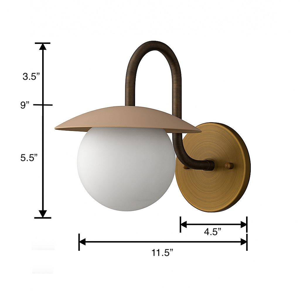 Matte gold wall sconce with curved dark bronze arm and frosted glass globe shade, 11.5" wide. - SCONCE MODEL NO. 2206