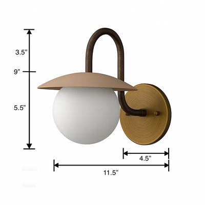 Matte gold wall sconce with curved dark bronze arm and frosted glass globe shade, 11.5" wide. - SCONCE MODEL NO. 2206
