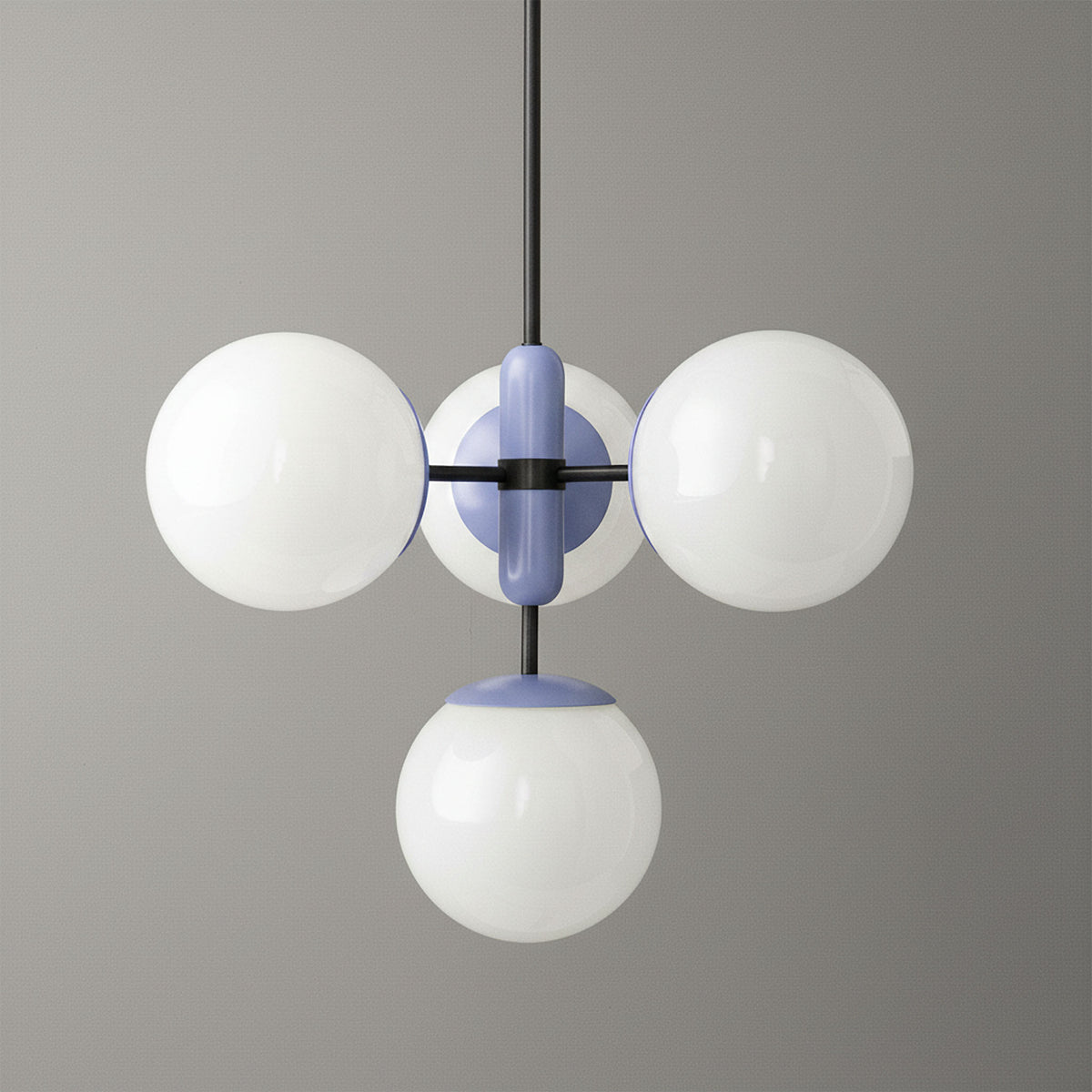 Art Deco chandelier with three white glass globes and matte blue metal accents on black rod. - CHANDELIER MODEL NO. 4321