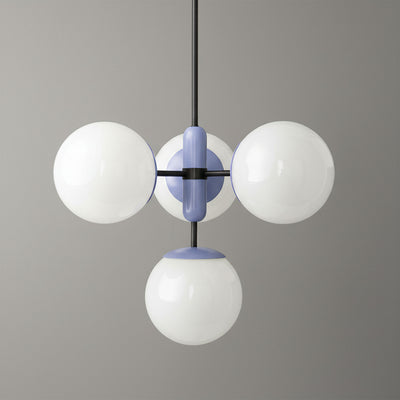 Art Deco chandelier with three white glass globes and matte blue metal accents on black rod. - CHANDELIER MODEL NO. 4321