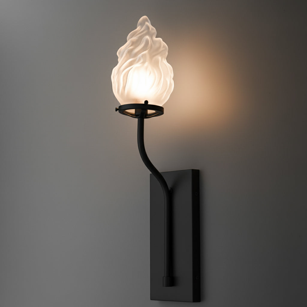 Black metal wall sconce with a frosted glass flame-shaped shade and rectangular backplate. - SCONCE MODEL NO. 7420