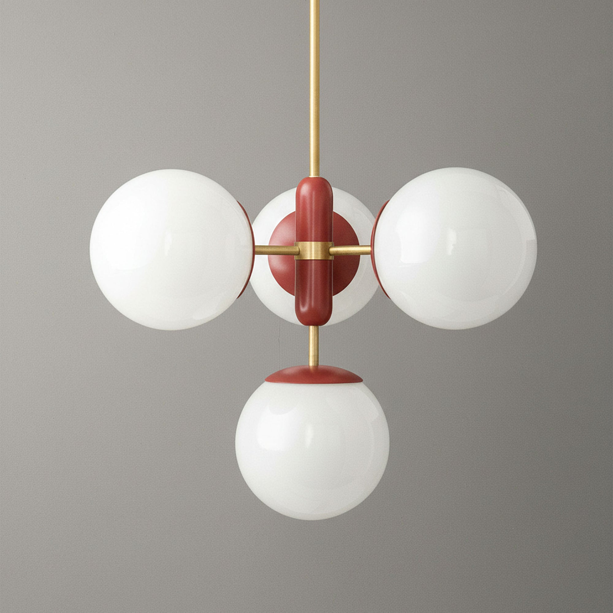 Art Deco chandelier with three white glass globes, red metal accents, and brass suspension rod. - CHANDELIER MODEL NO. 4321