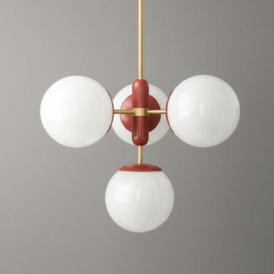 Art Deco chandelier with three white glass globes, red metal accents, and brass suspension rod. - CHANDELIER MODEL NO. 4321