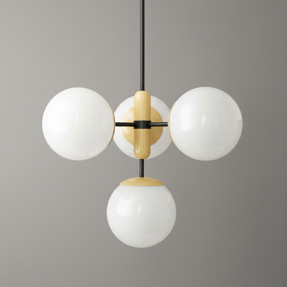 Art Deco chandelier with three white glass globe shades and a gold metal center suspended by a black rod. - CHANDELIER MODEL NO. 4321