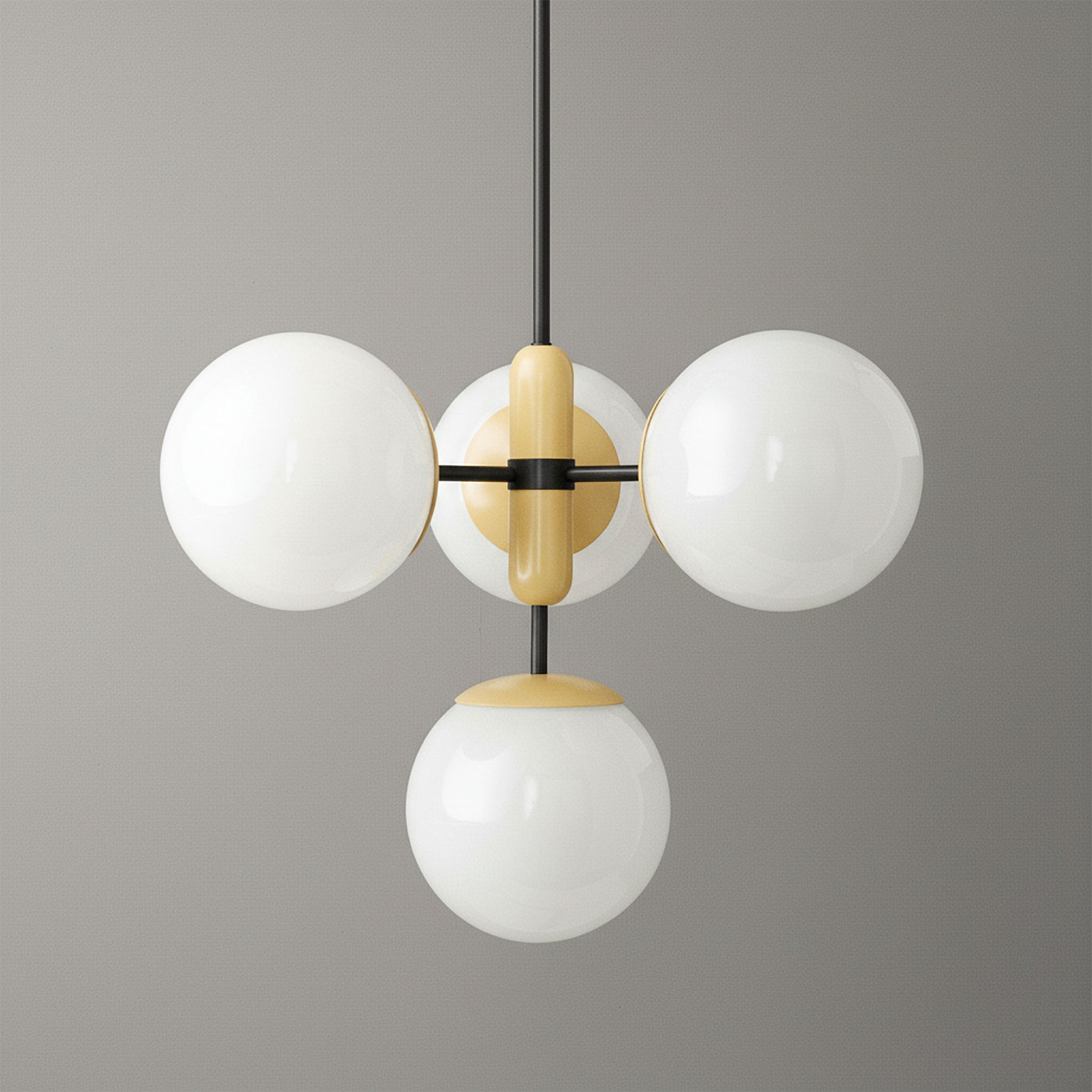 Art Deco chandelier with three white glass globe shades and a gold metal center suspended by a black rod. - CHANDELIER MODEL NO. 4321