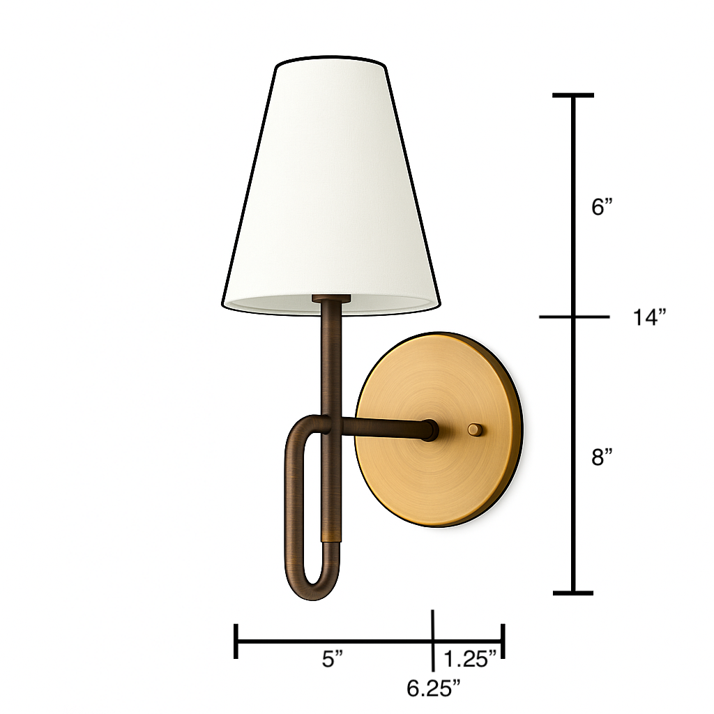 Wall sconce with brass round backplate, dark metal arm, and white tapered fabric shade. - SCONCE MODEL NO. 1008