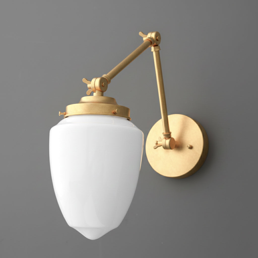 Brushed brass wall sconce with adjustable arm and white frosted glass shade. - SCONCE MODEL NO. 2595