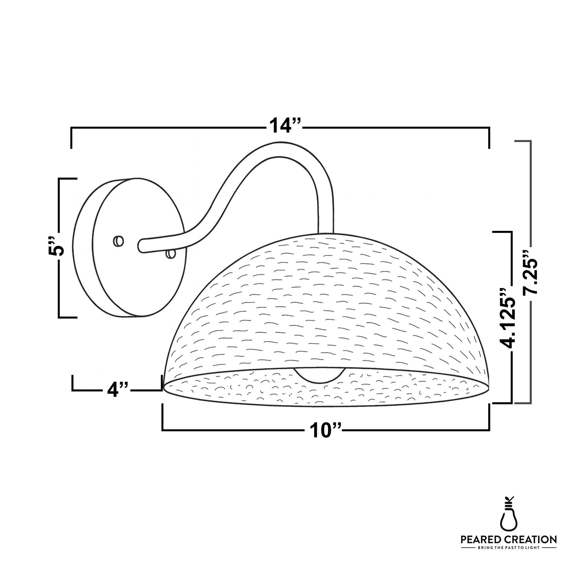 Wall sconce with curved arm and textured dome-shaped shade, 14" wide, 7.25" tall, 5" wall plate. - SCONCE MODEL NO. 9874