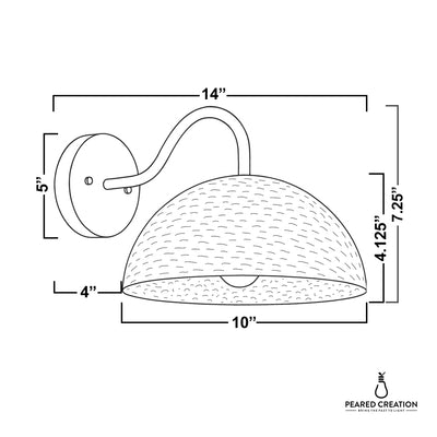 Wall sconce with curved arm and textured dome-shaped shade, 14" wide, 7.25" tall, 5" wall plate. - SCONCE MODEL NO. 9874