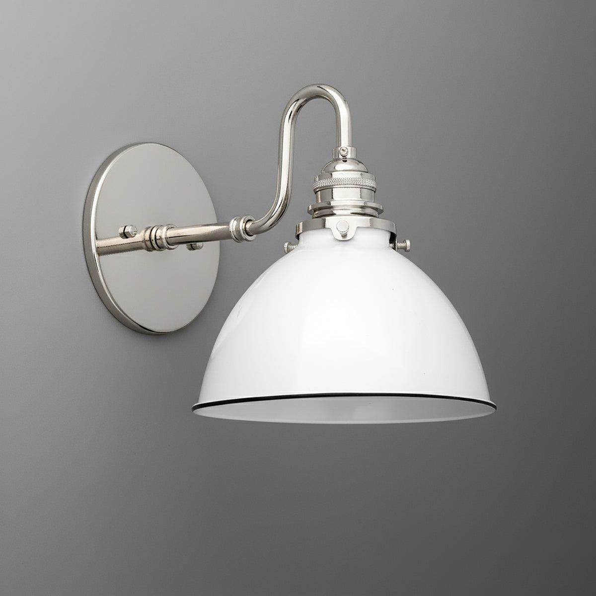 Polished nickel 1-bulb wall sconce with white dome metal shade and curved arm. - SCONCE MODEL NO. 2587