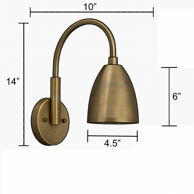 Antique brass wall sconce with curved arm and bell-shaped shade, 14" height, 10" depth. - SCONCE MODEL NO. 2977