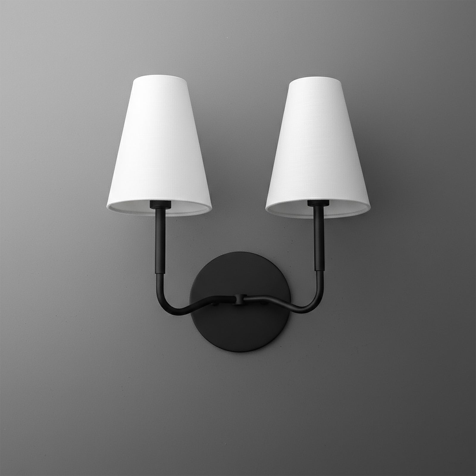 Black metal wall sconce with two upward arms and white tapered fabric shades. - SCONCE MODEL NO. 9045