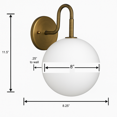 Wall sconce with antique brass finish and frosted white glass globe shade, 11.5 inches tall. - SCONCE MODEL NO. 0478