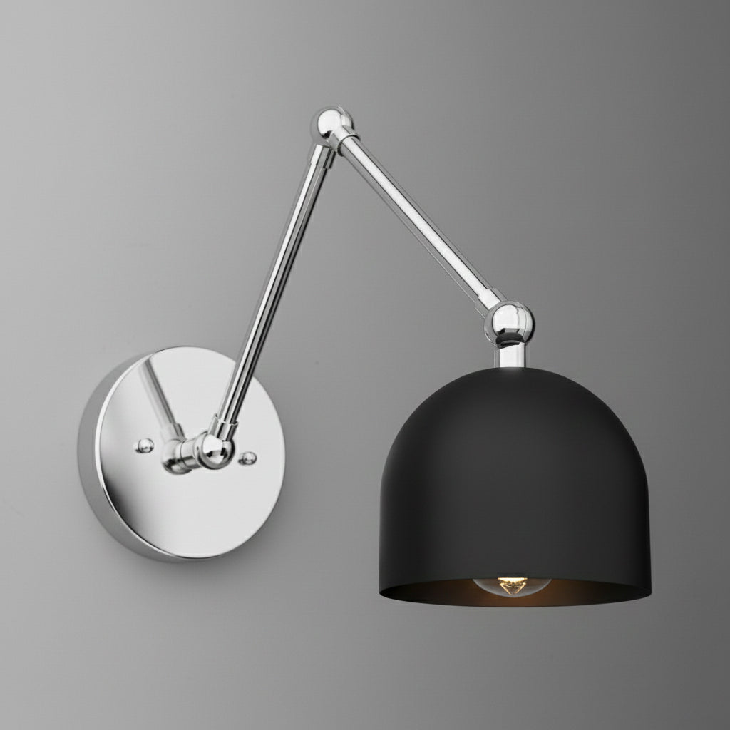 Wall-mounted sconce with adjustable chrome arm and matte black dome shade, single bulb design. - SCONCE MODEL NO. 5997