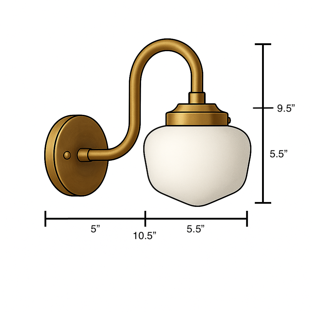 Wall-mounted sconce with curved antique brass arm and frosted white glass shade measuring 9.5 inches tall. - SCONCE MODEL NO. 1012