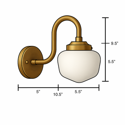 Wall-mounted sconce with curved antique brass arm and frosted white glass shade measuring 9.5 inches tall. - SCONCE MODEL NO. 1012