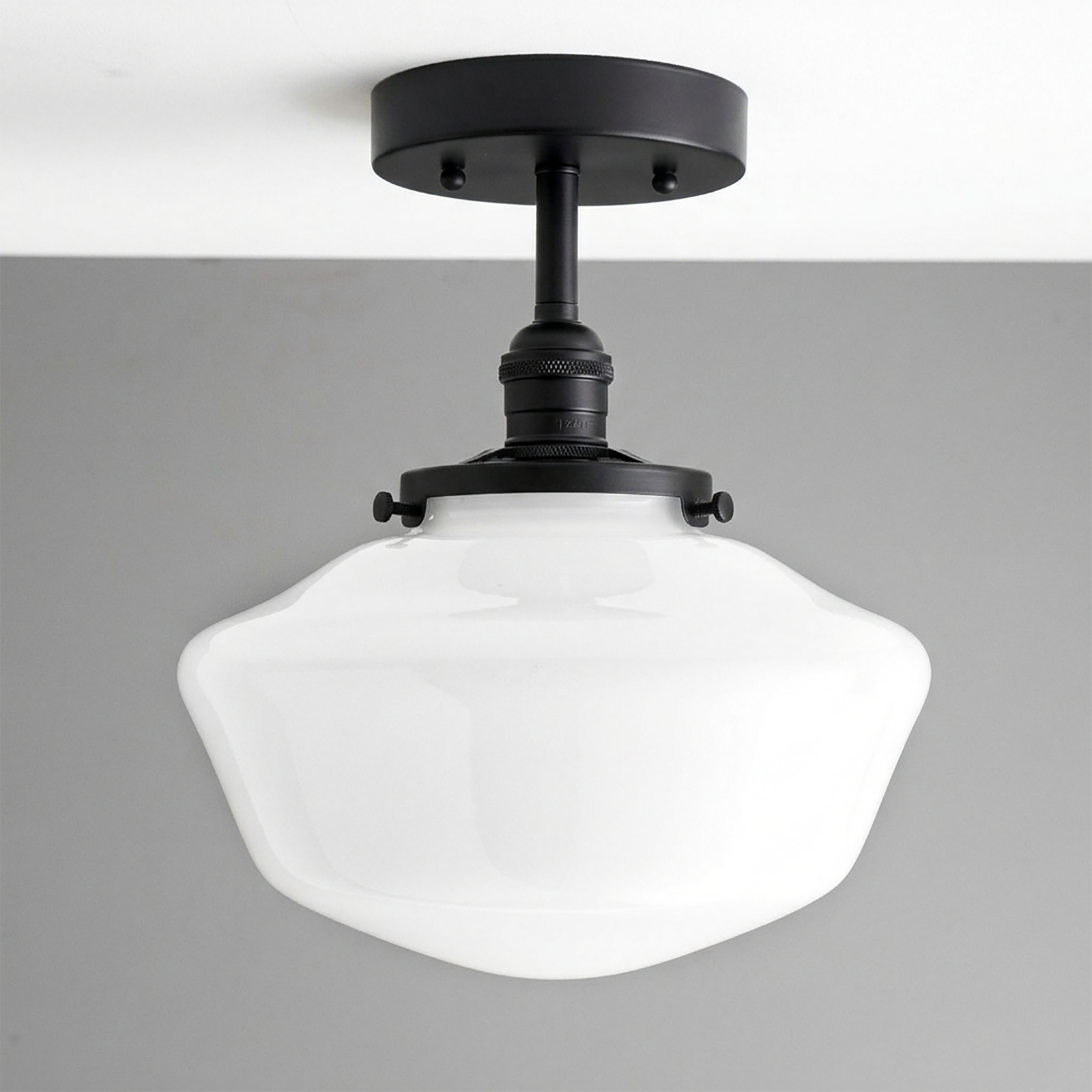 Mid-century modern semi-flush ceiling light with matte black metal fixture and white opal glass globe shade. - CEILING LIGHT MODEL NO. 9512