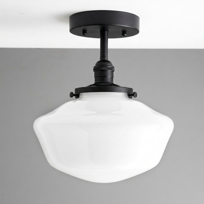 Mid-century modern semi-flush ceiling light with matte black metal fixture and white opal glass globe shade. - CEILING LIGHT MODEL NO. 9512