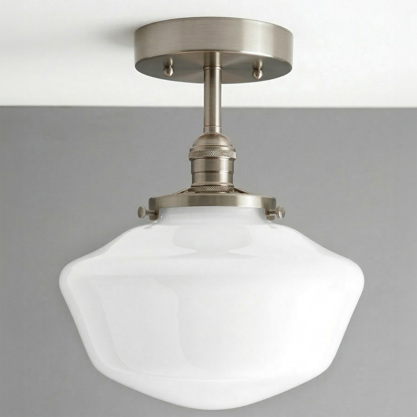 Mid-century modern semi-flush ceiling light with a brushed nickel fixture and white rounded glass globe shade. - CEILING LIGHT MODEL NO. 9512