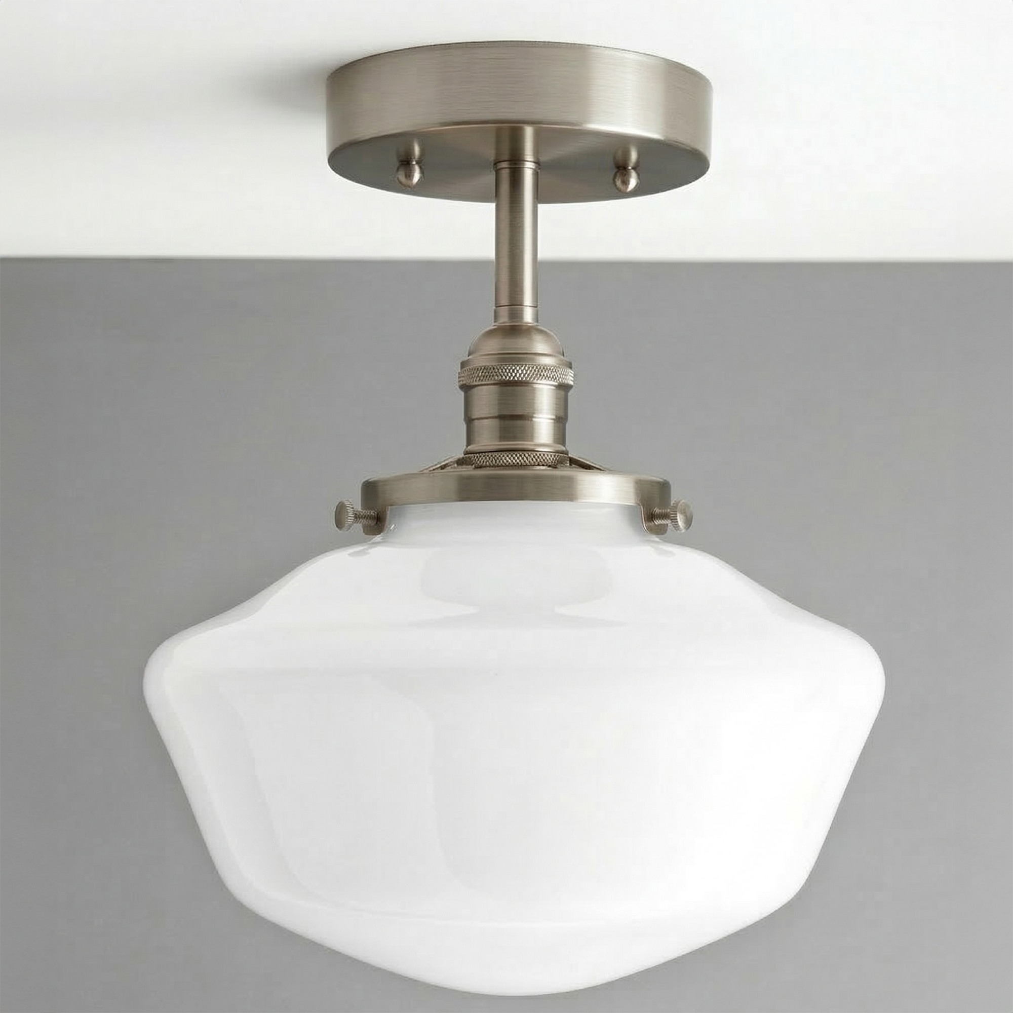 Mid-century modern semi-flush ceiling light with a brushed nickel fixture and white rounded glass globe shade. - CEILING LIGHT MODEL NO. 9512