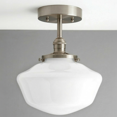 Mid-century modern semi-flush ceiling light with a brushed nickel fixture and white rounded glass globe shade. - CEILING LIGHT MODEL NO. 9512