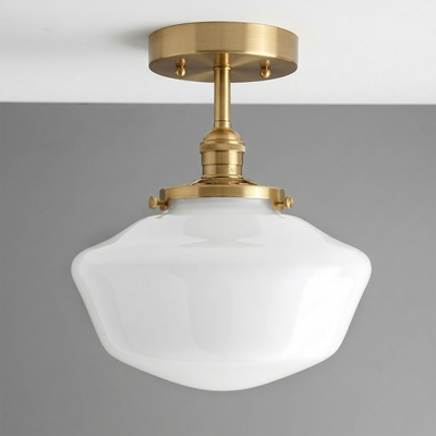 Mid-century modern semi-flush ceiling light with white glass globe and brushed brass fixture. - CEILING LIGHT MODEL NO. 9512