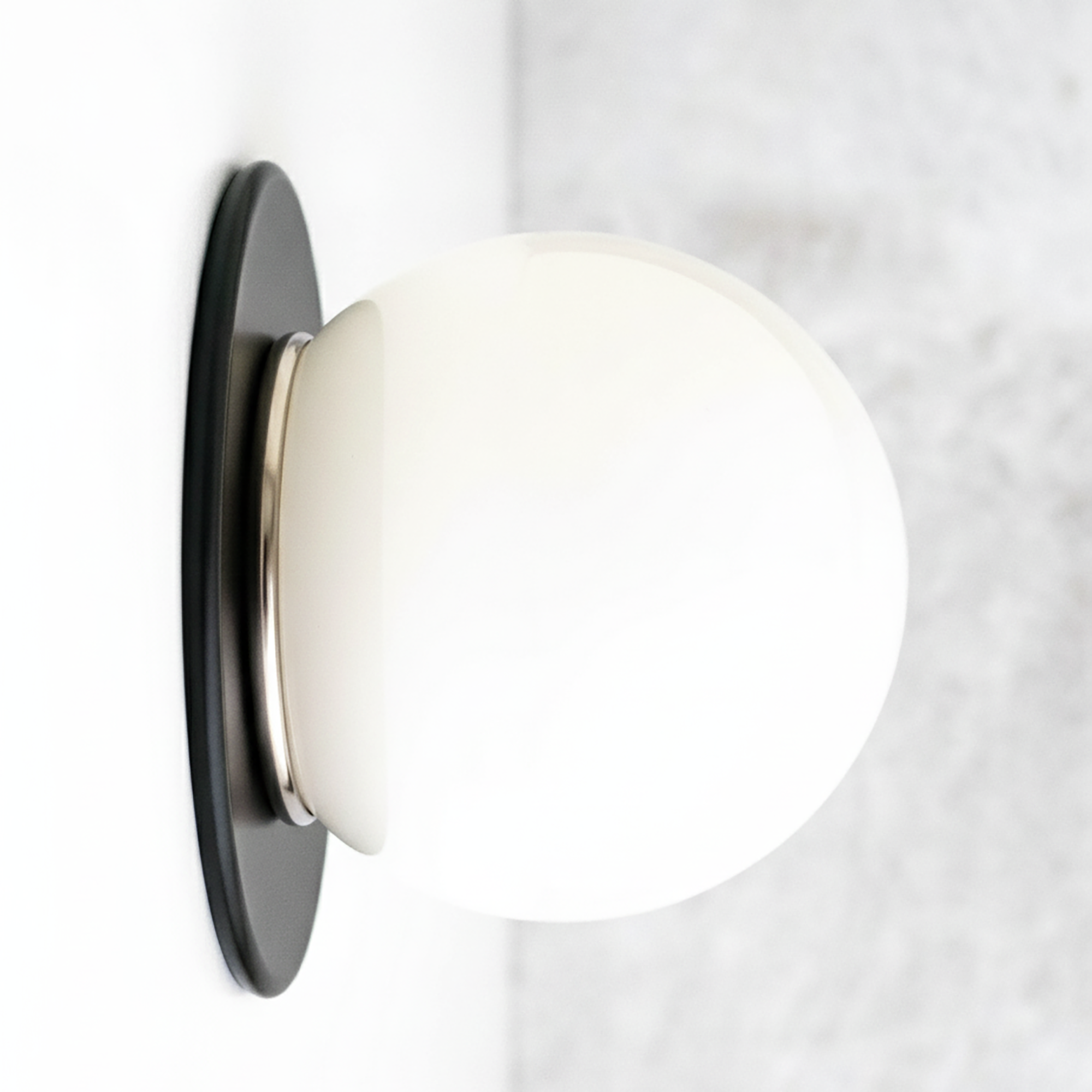 Mid-century modern black flush wall sconce with white glass globe and brass accents. - SCONCE MODEL NO. 9364