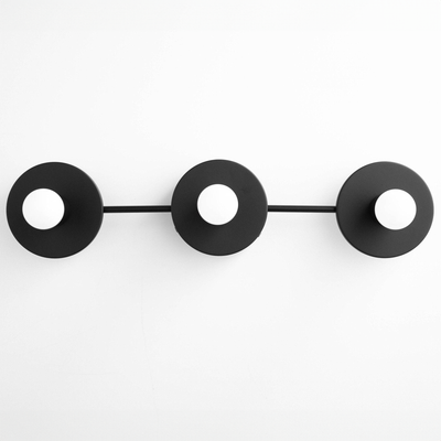 Black metal vanity light with three circular, open-centered shades in a minimalist, mid-century design. - VANITY LIGHT MODEL NO. 5708