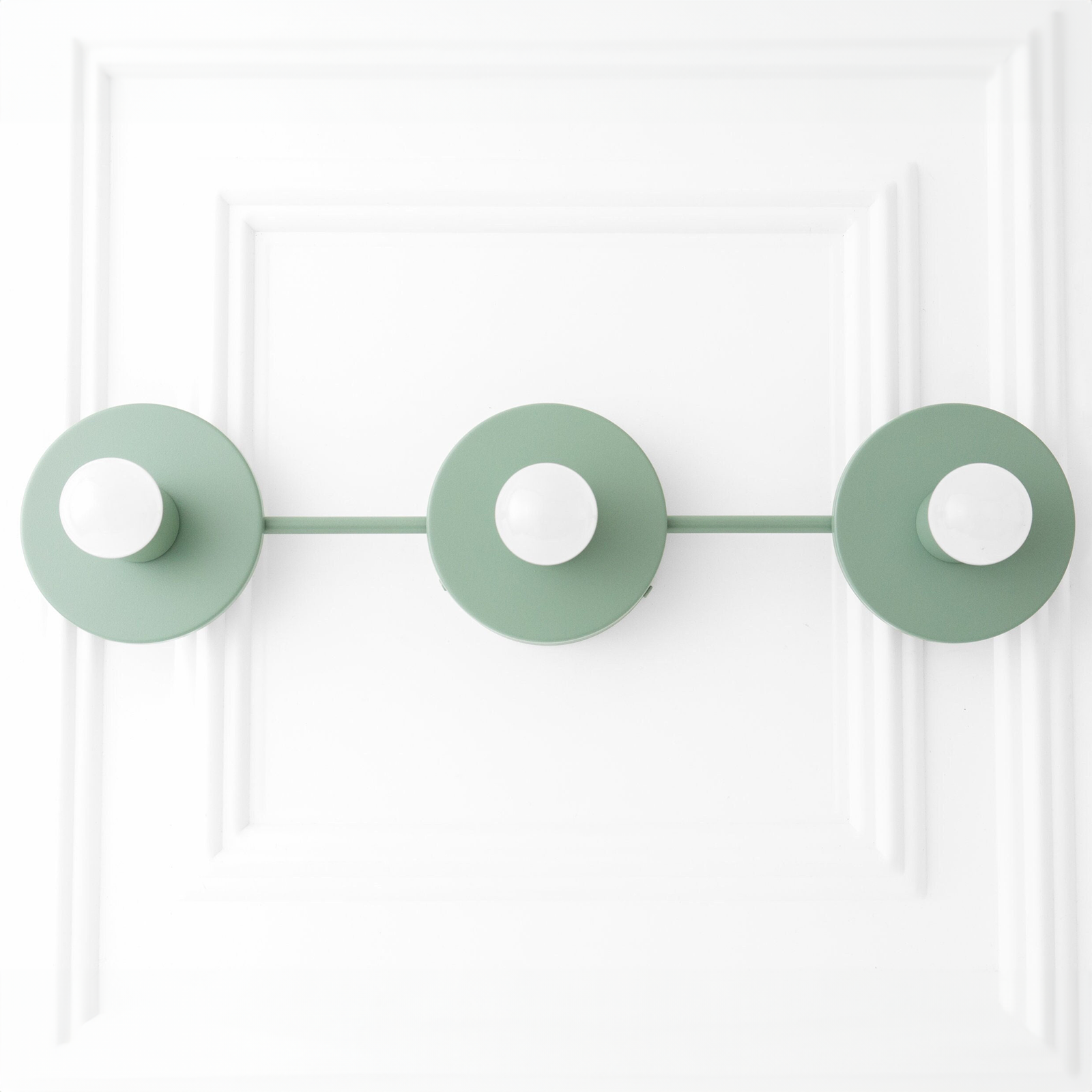Mid-century modern vanity light with three round mint green metal bases and exposed bulbs on a horizontal bar. - VANITY LIGHT MODEL NO. 5708