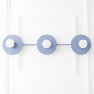 Matte blue three-bulb vanity light fixture with circular backplates and exposed bulbs in a linear layout. - VANITY LIGHT MODEL NO. 5708