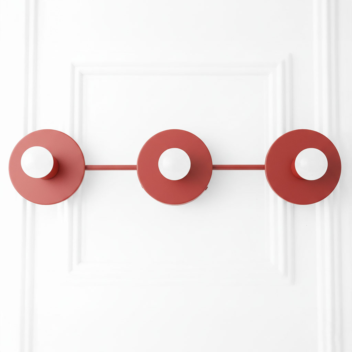 Matte red vanity light with three round bare bulb sockets in a linear mid-century modern design. - VANITY LIGHT MODEL NO. 5708
