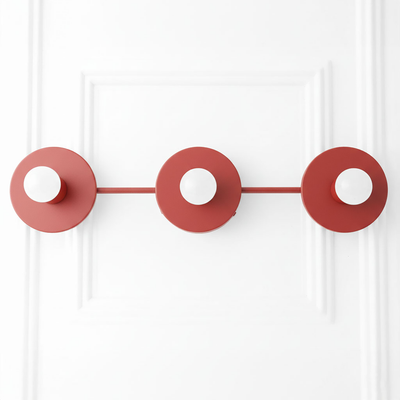 Matte red vanity light with three round bare bulb sockets in a linear mid-century modern design. - VANITY LIGHT MODEL NO. 5708