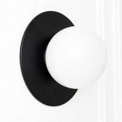 Scandinavian-style wall sconce with a matte black circular base and a white frosted glass globe shade. - SCONCE MODEL NO. 2277