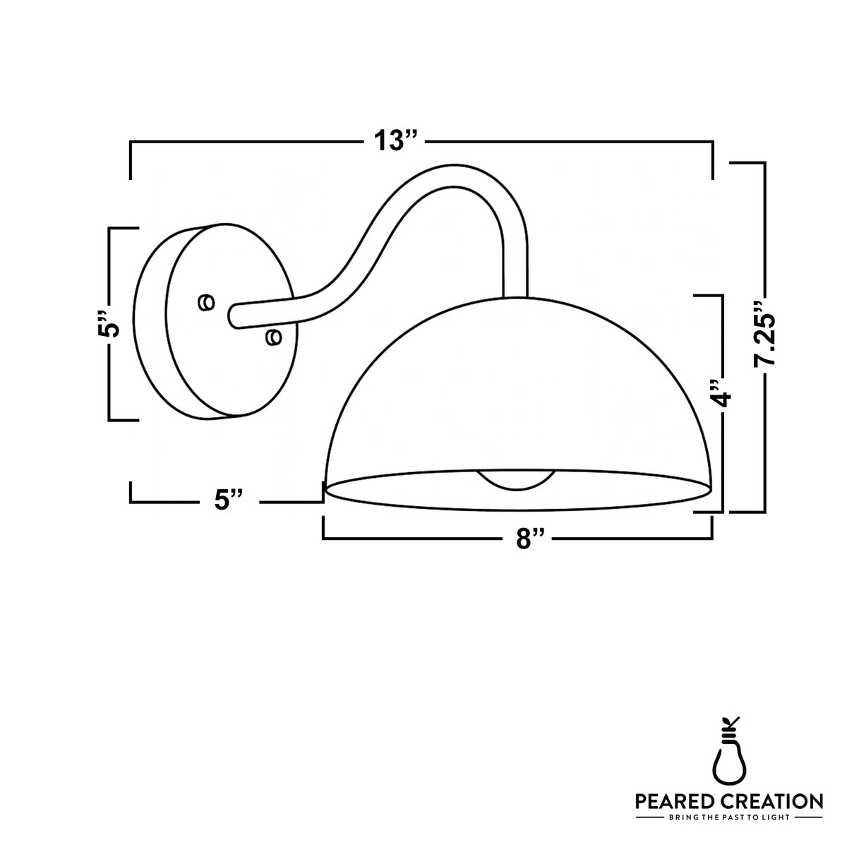 Dome-shaped wall sconce with curved arm and round backplate, dimensions labeled in inches. - SCONCE MODEL NO. 6679