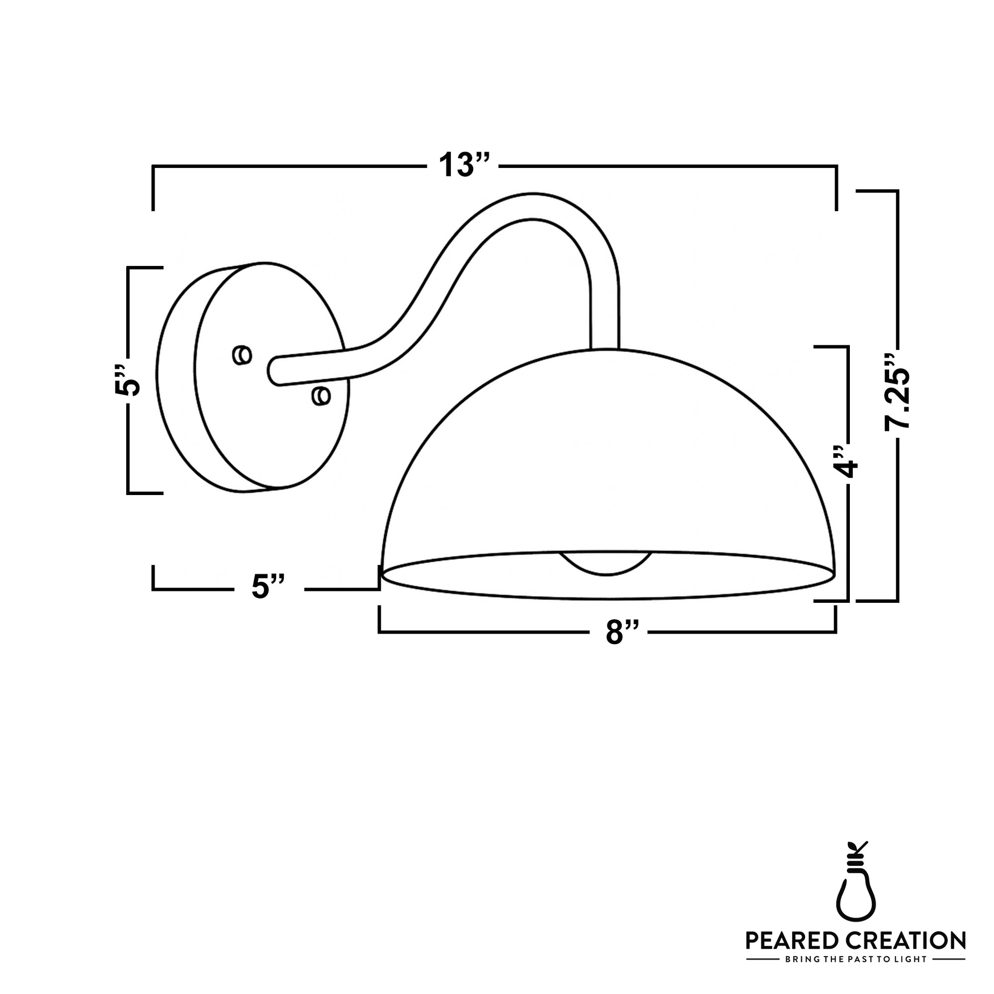 Dome-shaped wall sconce with curved arm and round backplate, dimensions labeled in inches. - SCONCE MODEL NO. 6679