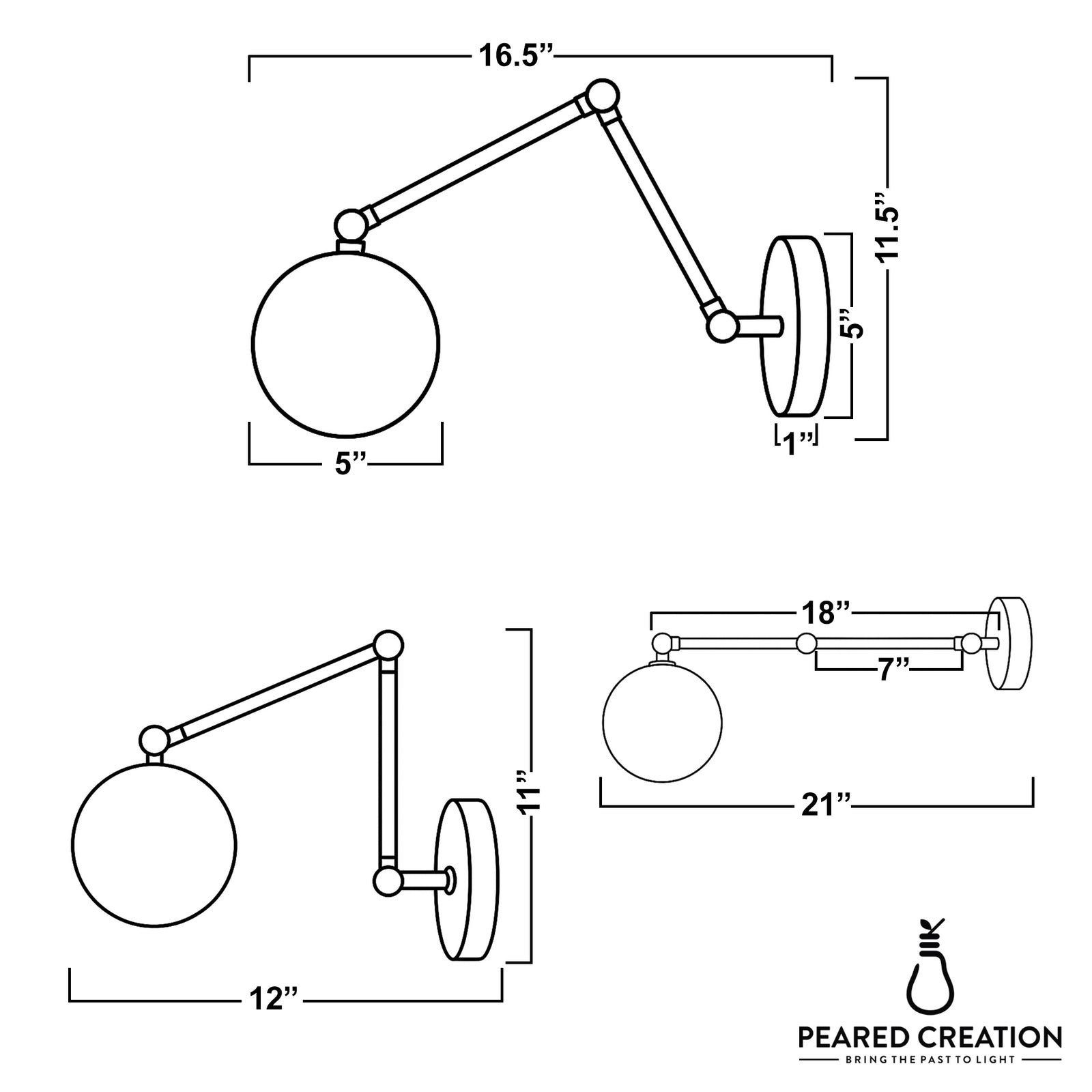 Wall-mounted sconce with adjustable arm and 5-inch globe-shaped shade, 16.5-inch extension. - SCONCE MODEL NO. 5202