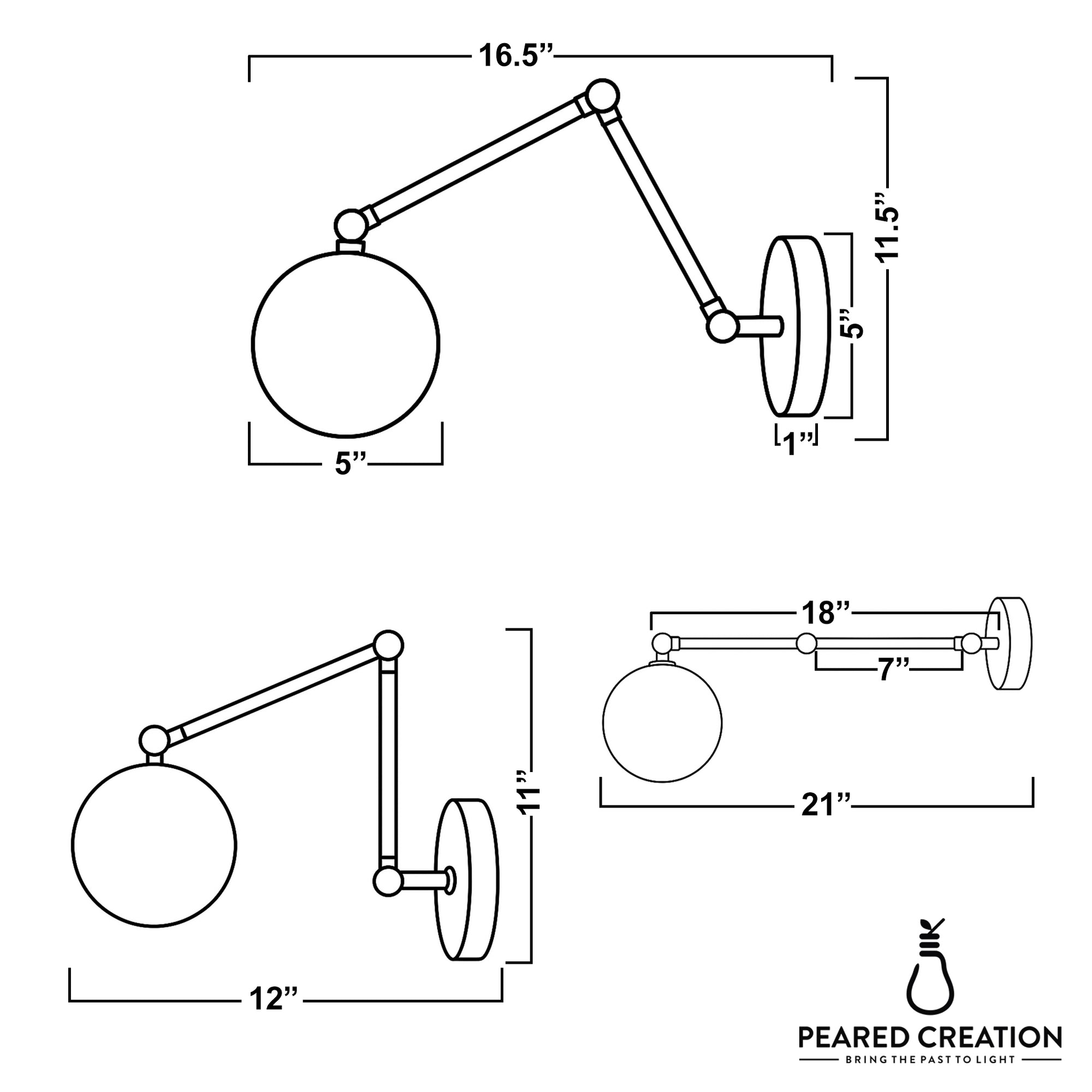 Wall-mounted sconce with adjustable arm and 5-inch globe-shaped shade, 16.5-inch extension. - SCONCE MODEL NO. 5202