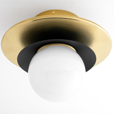 Semi-flush ceiling light with a round white globe, black accent ring, and brushed brass circular base. - CEILING LIGHT MODEL NO. 5368