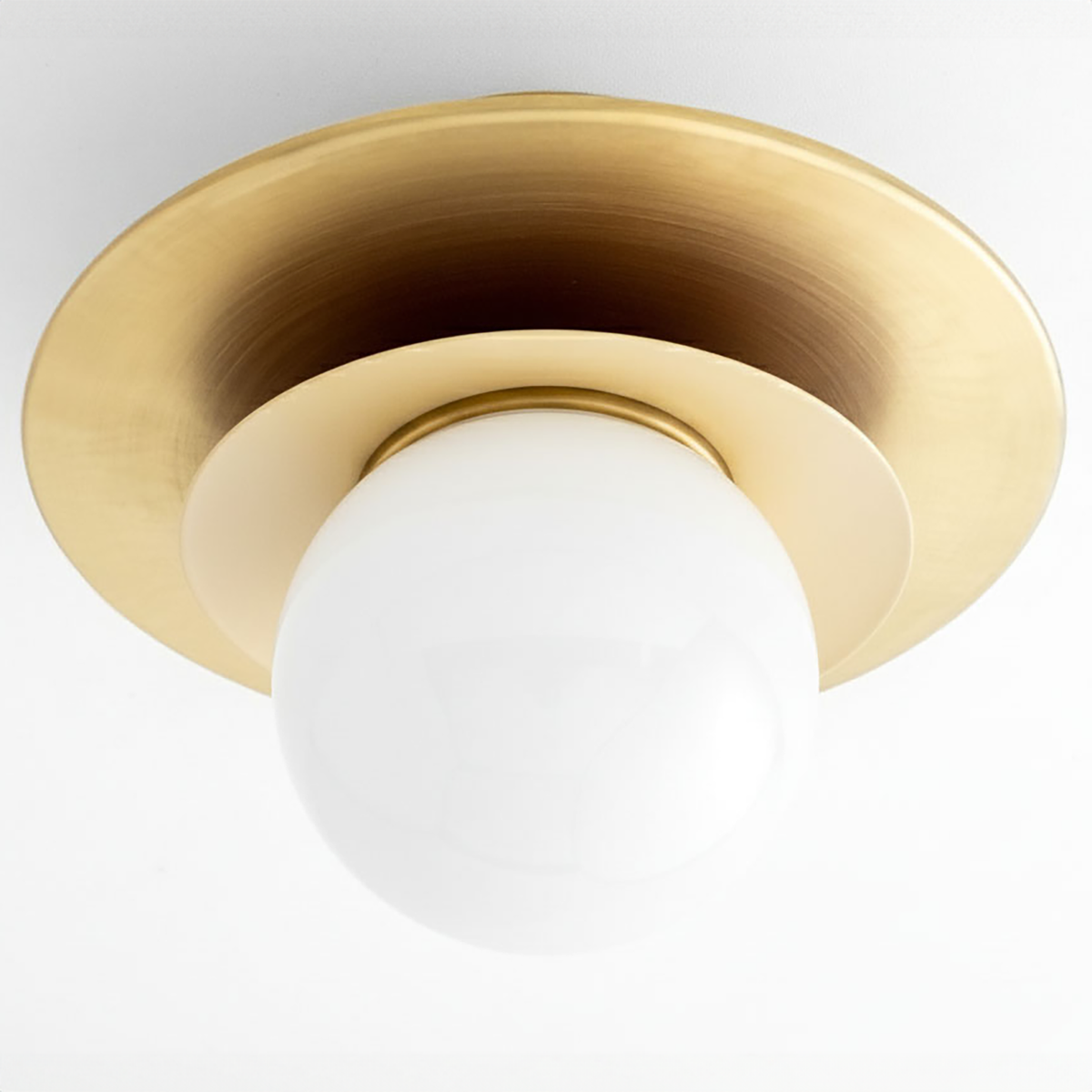 Semi-flush ceiling light with white globe and raw brass flat circular base. - CEILING LIGHT MODEL NO. 5368