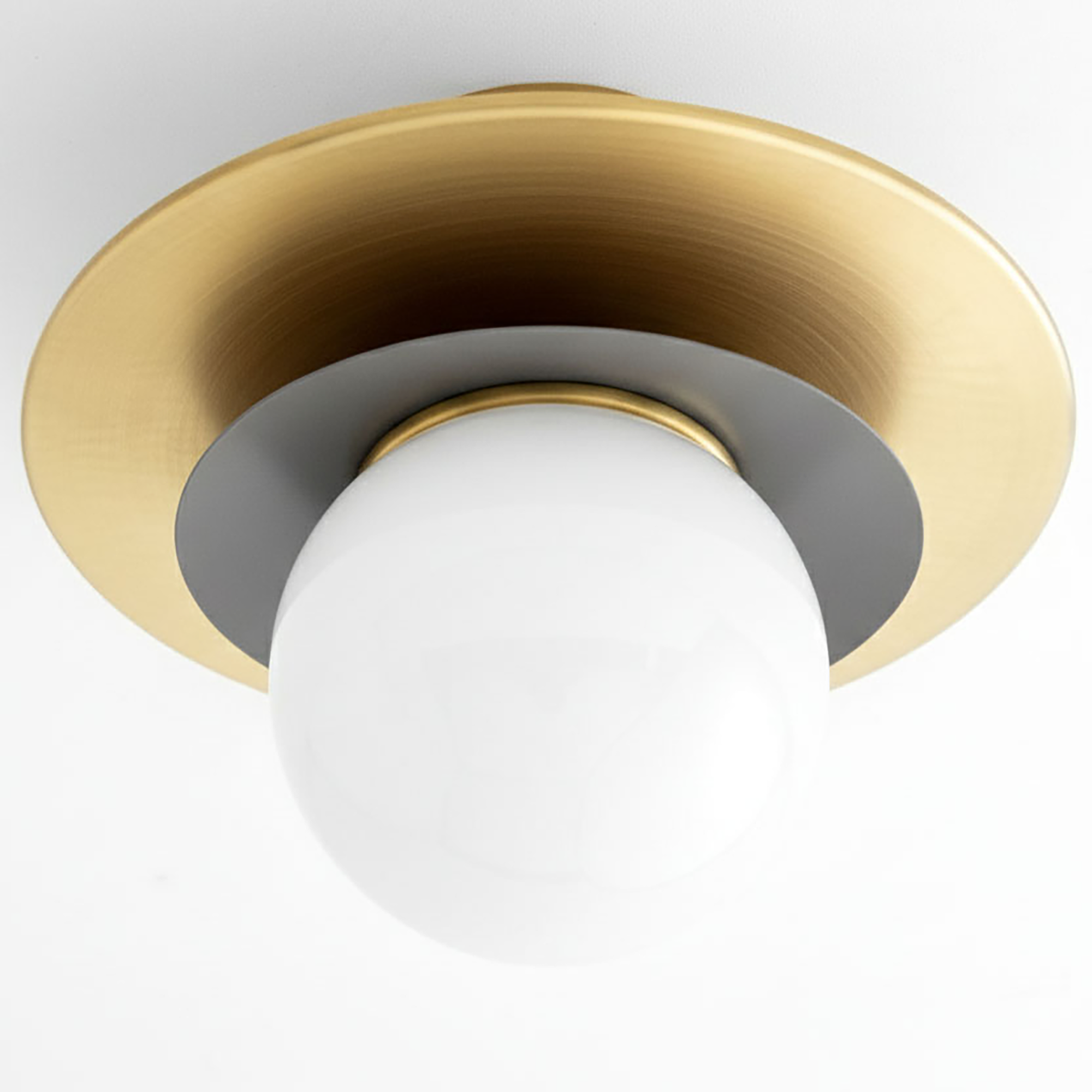 Semi-flush ceiling light with matte gold circular base and white glass globe diffuser. - CEILING LIGHT MODEL NO. 5368